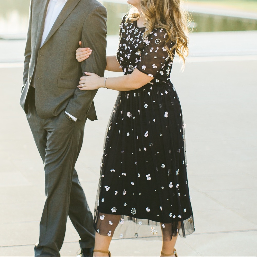 Lace and Beads Navy Embellished Midi Dress